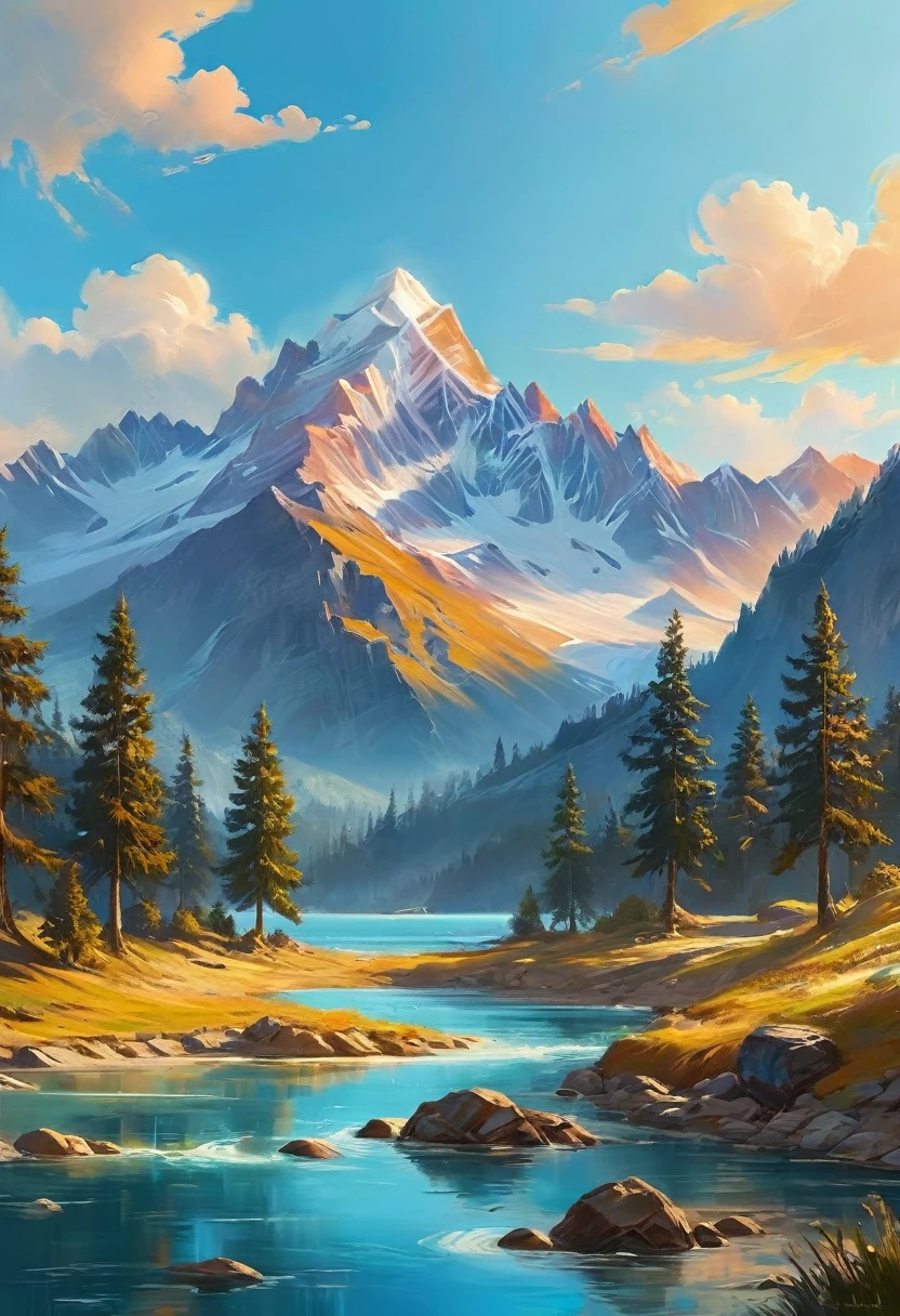 impressive painting of a mountain with trees and water, a detailed painting by Petros Afshar, shutterstock contest winner, environmental art, detailed painting, outlined art, 2d game art, isolated background for logo, strong contours, logo design