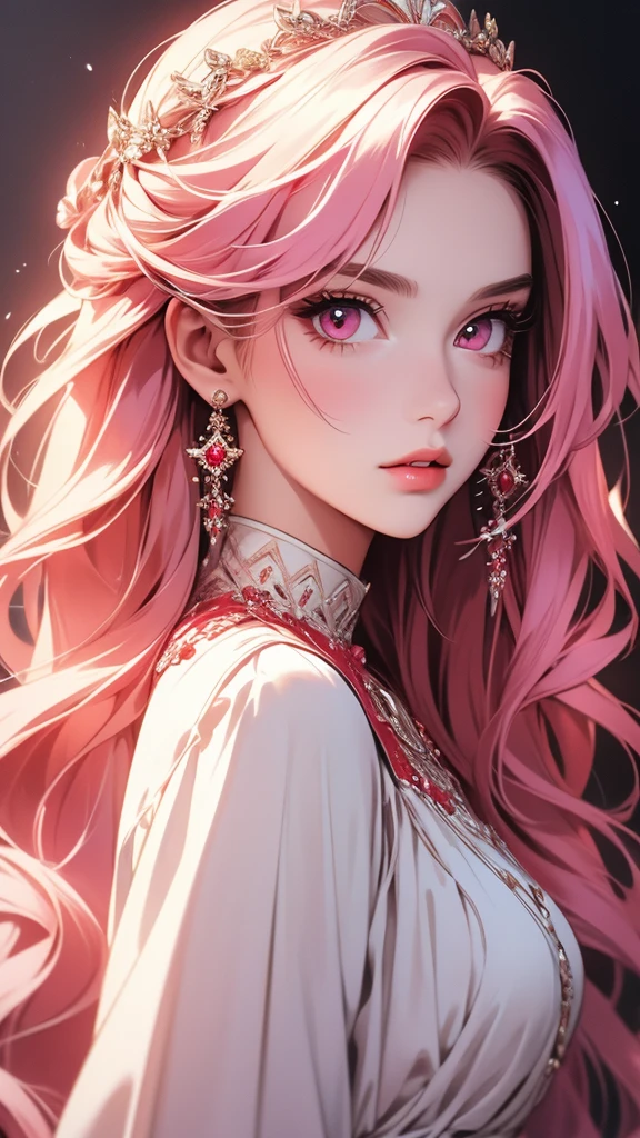 A cute girl, little sister, beautiful detailed eyes,beautiful detailed lips, pink hair, very long hair, Ruby red eyes, off-soldiers, beautiful dress, extremely detailed eyes and face,long eyelashes, illustration, ultra-detailed, best quality, 4k, 8k, highres, masterpiece:1.2,ultra-fine painting,sharp focus,professional,vivid colors,portraits, parted lips, morden setting.