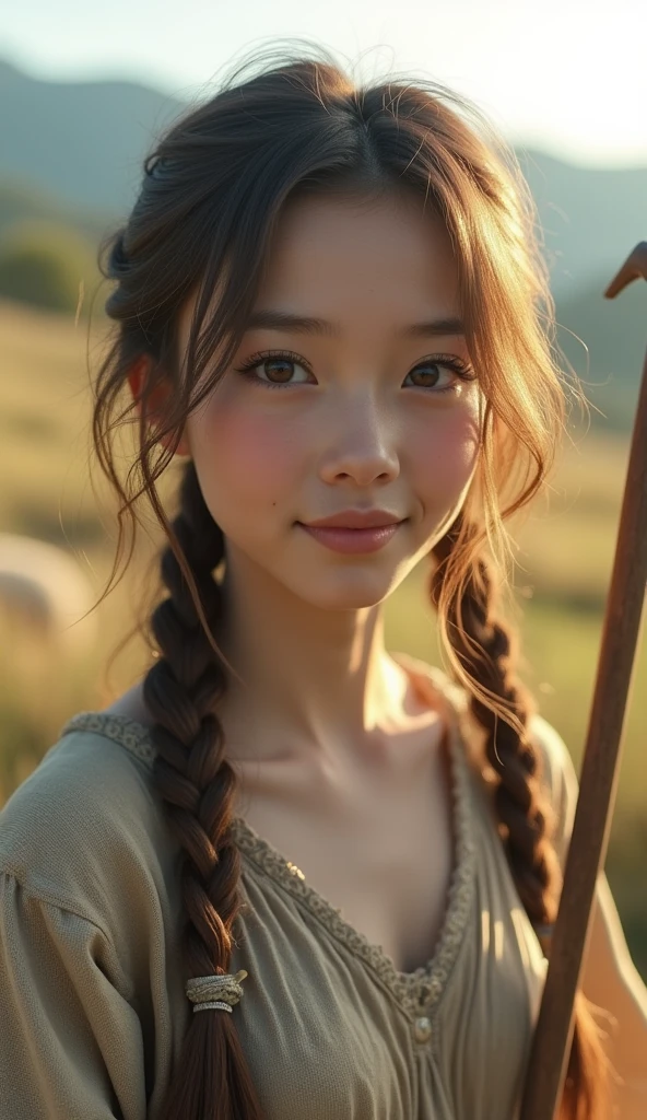 (8k, RAW photo, best quality, masterpiece), (photorealistic), outstanding details, ultra-high resolution, anatomically correct, textured skin, (Extremely precise and accurate anatomy),
Ultra Detailed Face, Detailed Eyes,
One girl, (whole body:1.4), (full body:1.4), (shepherd girl) , Cute Japanese girl , 20-year-old,
(light smile), (Mouth slightly open) , Shepherd's Crook,
Side braids, Brown Hair,
curvy, beautiful breasts,
(Hilly pasture), many sheep, Beautiful mountains in the distance, grassland, wilderness,
Background blur, far and near method,
morning sun, (backlighting),
reflection light from below,
atmospheric perspective, depth of field,
(dramatic lighting), cinematic lighting,
Artistic, Baroque, Cinematography, Portrait Photography,