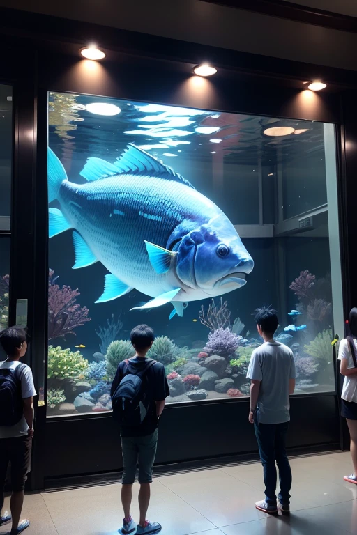 Young men and women、Stood in front of the aquarium。Then、From inside the aquarium、A big fish is stuck to the glass。