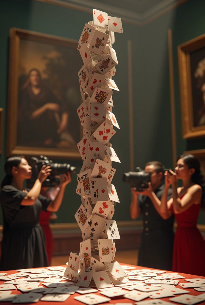 Building a card tower by carefully placing playing cards、The deciding factor is how tall a tower you can build.、The gallery watches、Very beautiful female player、Press Photography、(Highest quality, masterpiece, High resolution)、8k、wallpaper、