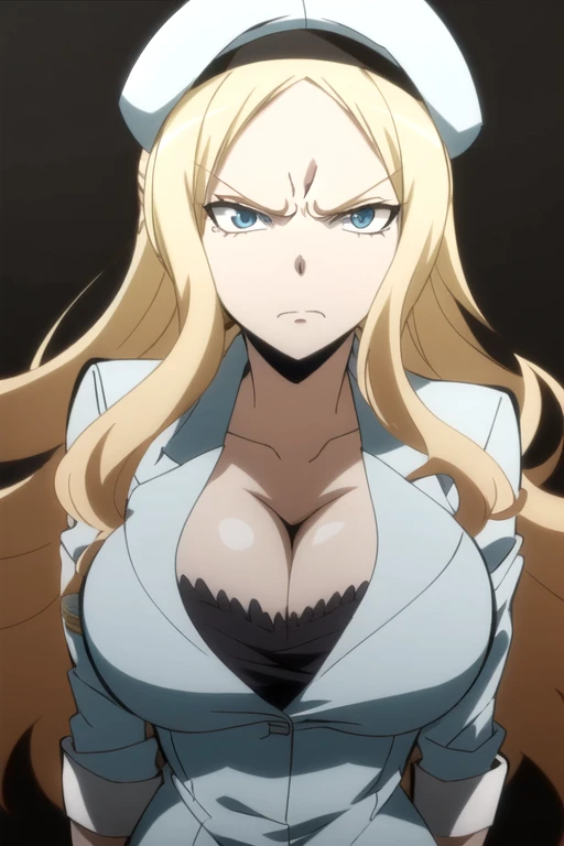 best quality, ultra high res, 1girl, Irina Jelavic, long hair, blonde hair, blue eyes, facing the vkewer, looking at the viewer, big breasts, cleavage, (simple dark background), white suit, belt, white beret, (angry facial expression)