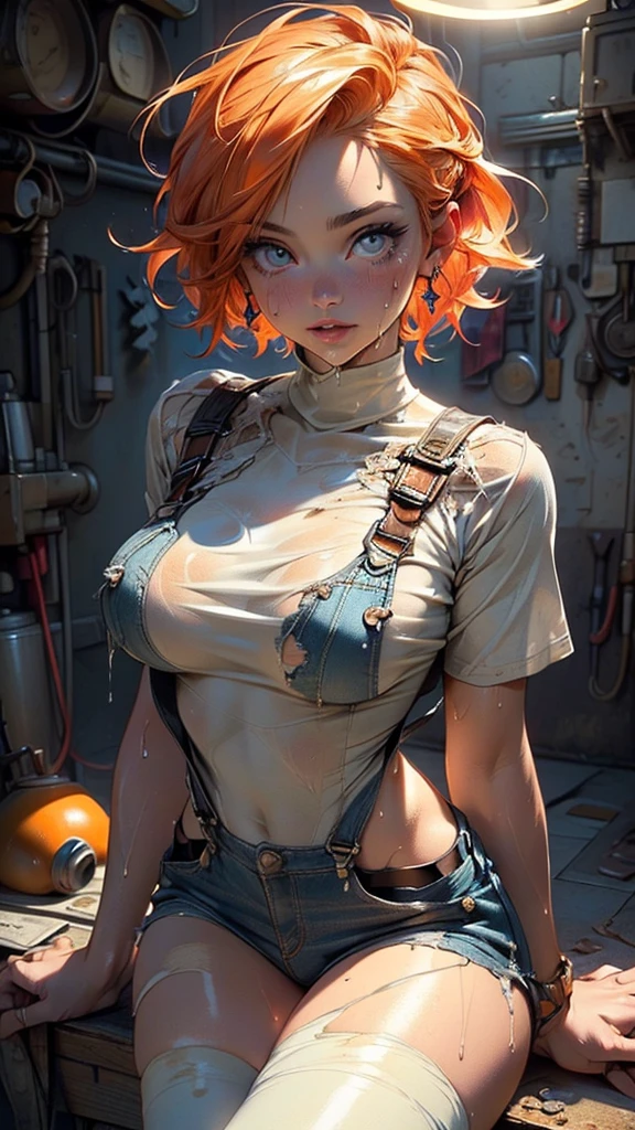 girl genie,(((1girl))),((girl with extremely cute and beautiful hair)),
(large breasts:1.4),(((orange hair:1.35,short hair))),(((eyes_orange:1.3))),intricate eyes,beautiful detailed eyes,symmetrical eyes,((fat)),((((lustrous skin:1.5,bright skin: 1.5,shiny skin,very shiny skin,shiny body,plastic glitter skin,exaggerated shiny skin,illuminated skin,wet legs))),(spider lower abdomen,narrow waist,wide hip,athletic body,inflated legs, thick thighs,detailed body,(detailed face)),
cute,slutty,seductive,erotic,(nsfw),
((woman mechanic wearing tattered worn-out revealing stained military overalls)), ((his only clothing is overalls)),(( grunge, oily, sweaty, dirty, ripped)),show skin,
(dynamic pose:1.0),((happy)),(centered,scale to fit dimensions,Rule of thirds),
inside,indoor,((cozy steampunk room)),scenery:1.25,((intricate scenery)),((steampunk decorations)),
(Glossy steampunk ornaments),highres,sharp focus,(ultra detailed,extremely detailed),(photorealistic artwork:1.37),(extremely detailed CG unity 8k wallpaper),(((vibrant colors,vibrant theme))),(intricate),(masterpiece),(best quality),artistic photography,(photography taken by sldr),(intricate background),perfect rendered face,perfect face details,realistic face,photo realistic,((intricate detail)),(((realism))),