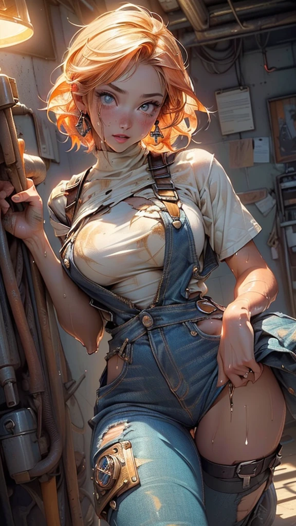 girl genie,(((1girl))),((girl with extremely cute and beautiful hair)),

(large breasts:1.4),(((orange hair:1.35,short hair))),(((eyes_orange:1.3))),intricate eyes,beautiful detailed eyes,symmetrical eyes,((fat)),((((lustrous skin:1.5,bright skin: 1.5,shiny skin,very shiny skin,shiny body,plastic glitter skin,exaggerated shiny skin,illuminated skin,wet legs))),(spider lower abdomen,narrow waist,wide hip,athletic body,inflated legs, thick thighs,detailed body,(detailed face)),

cute,slutty,seductive,erotic,(nsfw),

((woman mechanic wearing tattered worn-out revealing stained military overalls)), ((his only clothing is overalls)),(( grunge, oily, sweaty, dirty, ripped)),show skin,

(dynamic pose:1.0),((happy)),(centered,scale to fit dimensions,Rule of thirds),

inside,indoor,((cozy steampunk room)),scenery:1.25,((intricate scenery)),((steampunk decorations)),

(Glossy steampunk ornaments),highres,sharp focus,(ultra detailed,extremely detailed),(photorealistic artwork:1.37),(extremely detailed CG unity 8k wallpaper),(((vibrant colors,vibrant theme))),(intricate),(masterpiece),(best quality),artistic photography,(photography taken by sldr),(intricate background),perfect rendered face,perfect face details,realistic face,photo realistic,((intricate detail)),(((realism))),
