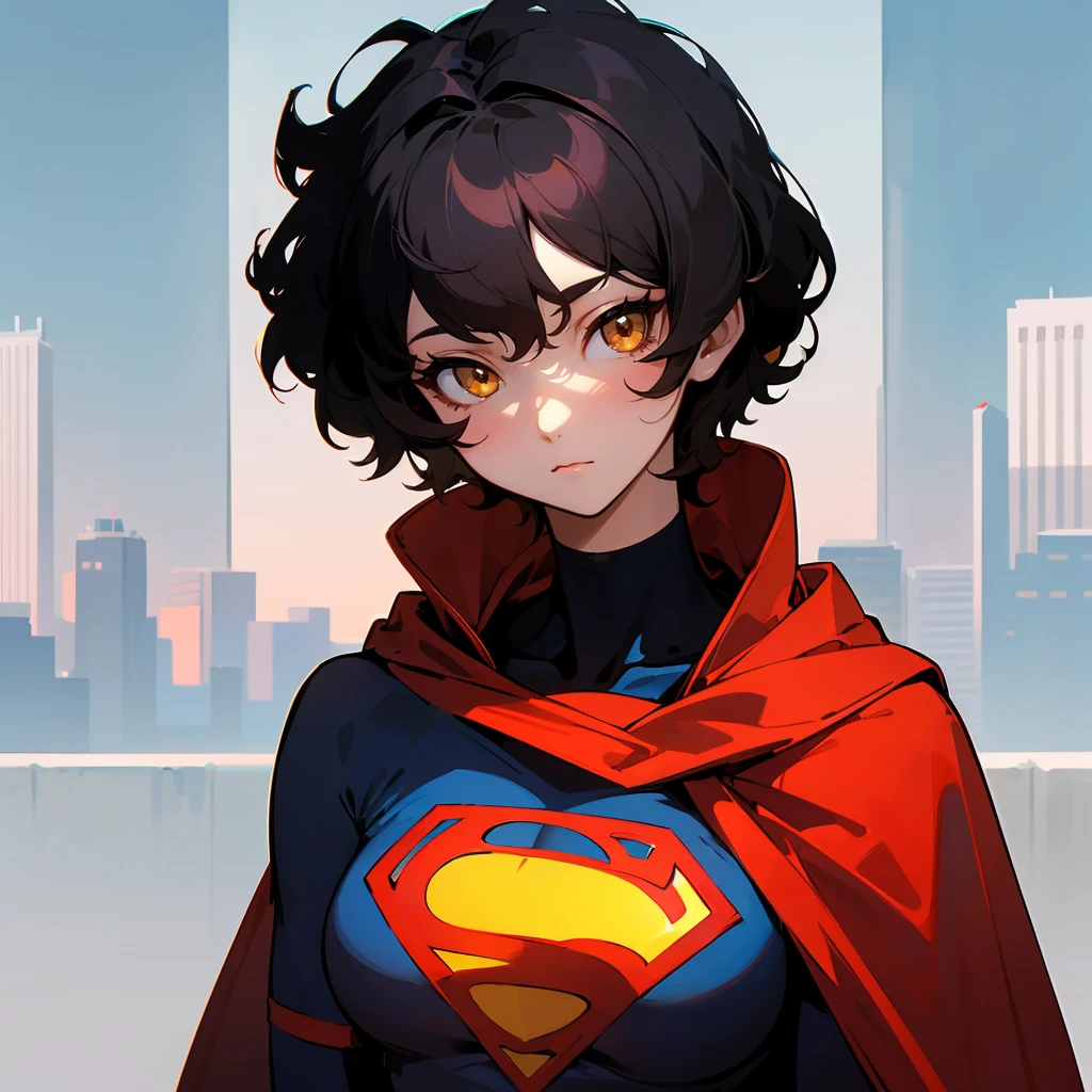 1female , undercut hair , wavy hair ,short hair, black Hair , golden Eyes , lean build ,teen female , Calm Expression , Modern City Background , modern city background, Shortsleeve Bright Blue T-Shirt , Superman Symbol on Chest , Red Cape