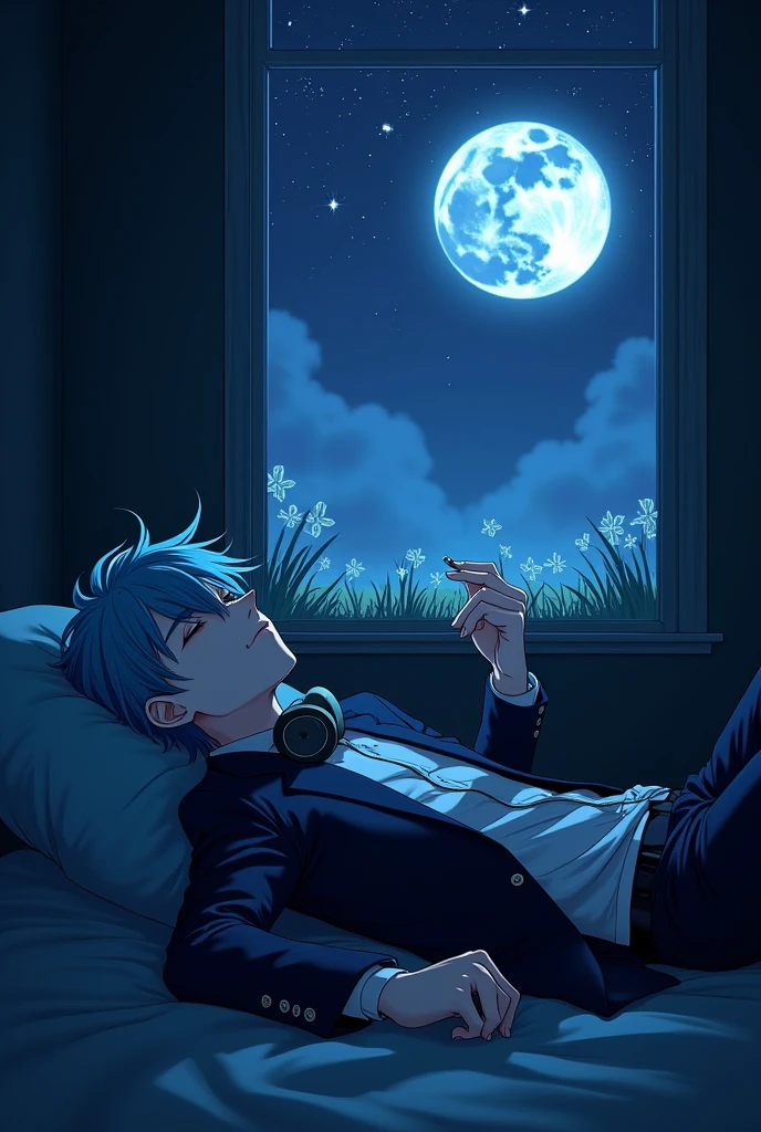 Create an anime-style scene featuring a handsome, sharp-featured young man with an air of solitude. He is lying down, exhausted, on the floor of a dimly lit room. The room is sparse and somewhat empty, contributing to the feeling of loneliness. The young man is dressed in a suit, wearing a slightly disheveled shirt, pants, and a coat that reflect his tired state. His hair and eyes are a glowing shade of blue or sky blue, emitting a soft light that contrasts with the room’s shadows. His hair gently falls over his forehead, and his eyes are half-open, reflecting his weariness. In one hand, he holds a cigarette, with a faint wisp of smoke curling upwards. Around his neck are a pair of water headphones, adding a modern touch to the scene. Through a large window, the night sky is visible, filled with numerous stars and displaying a gradient of colors, blending into each other. The window is positioned in such a way that the moonlight filters through, casting a gentle glow over the room and highlighting the flowers and grass outside. The luminous moon hangs prominently in the sky, adding to the overall mood of loneliness and quiet reflection."