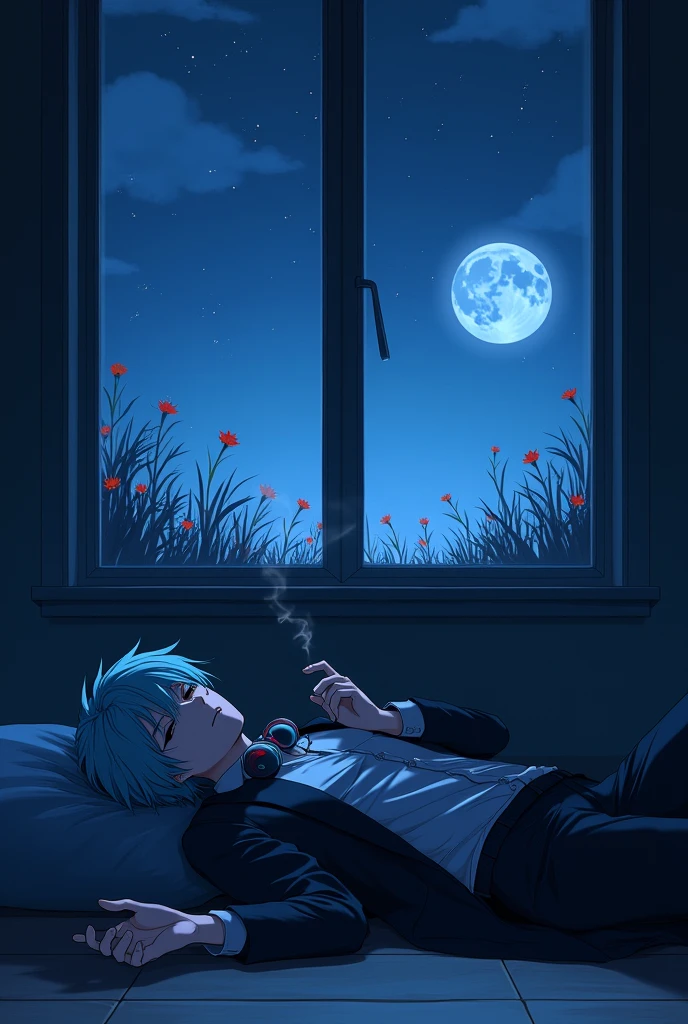 Create an anime-style scene featuring a handsome, sharp-featured young man with an air of solitude. He is lying down, exhausted, on the floor of a dimly lit room. The room is sparse and somewhat empty, contributing to the feeling of loneliness. The young man is dressed in a suit, wearing a slightly disheveled shirt, pants, and a coat that reflect his tired state. His hair and eyes are a glowing shade of blue or sky blue, emitting a soft light that contrasts with the room’s shadows. His hair gently falls over his forehead, and his eyes are half-open, reflecting his weariness. In one hand, he holds a cigarette, with a faint wisp of smoke curling upwards. Around his neck are a pair of water headphones, adding a modern touch to the scene. Through a large window, the night sky is visible, filled with numerous stars and displaying a gradient of colors, blending into each other. The window is positioned in such a way that the moonlight filters through, casting a gentle glow over the room and highlighting the flowers and grass outside. The luminous moon hangs prominently in the sky, adding to the overall mood of loneliness and quiet reflection."