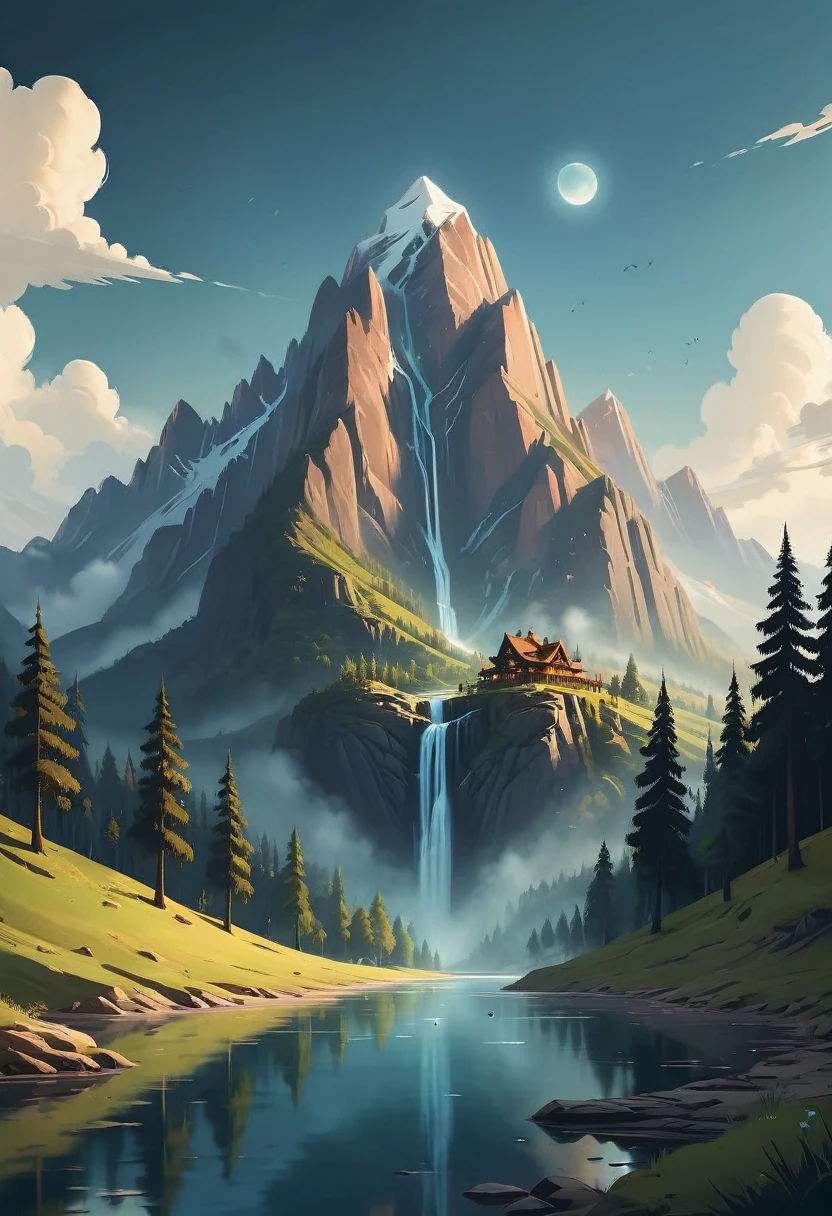 impressive painting of a mountain with trees and water, a detailed painting by Petros Afshar, shutterstock contest winner, environmental art, detailed painting, outlined art, 2d game art, isolated background for logo, strong contours, logo design