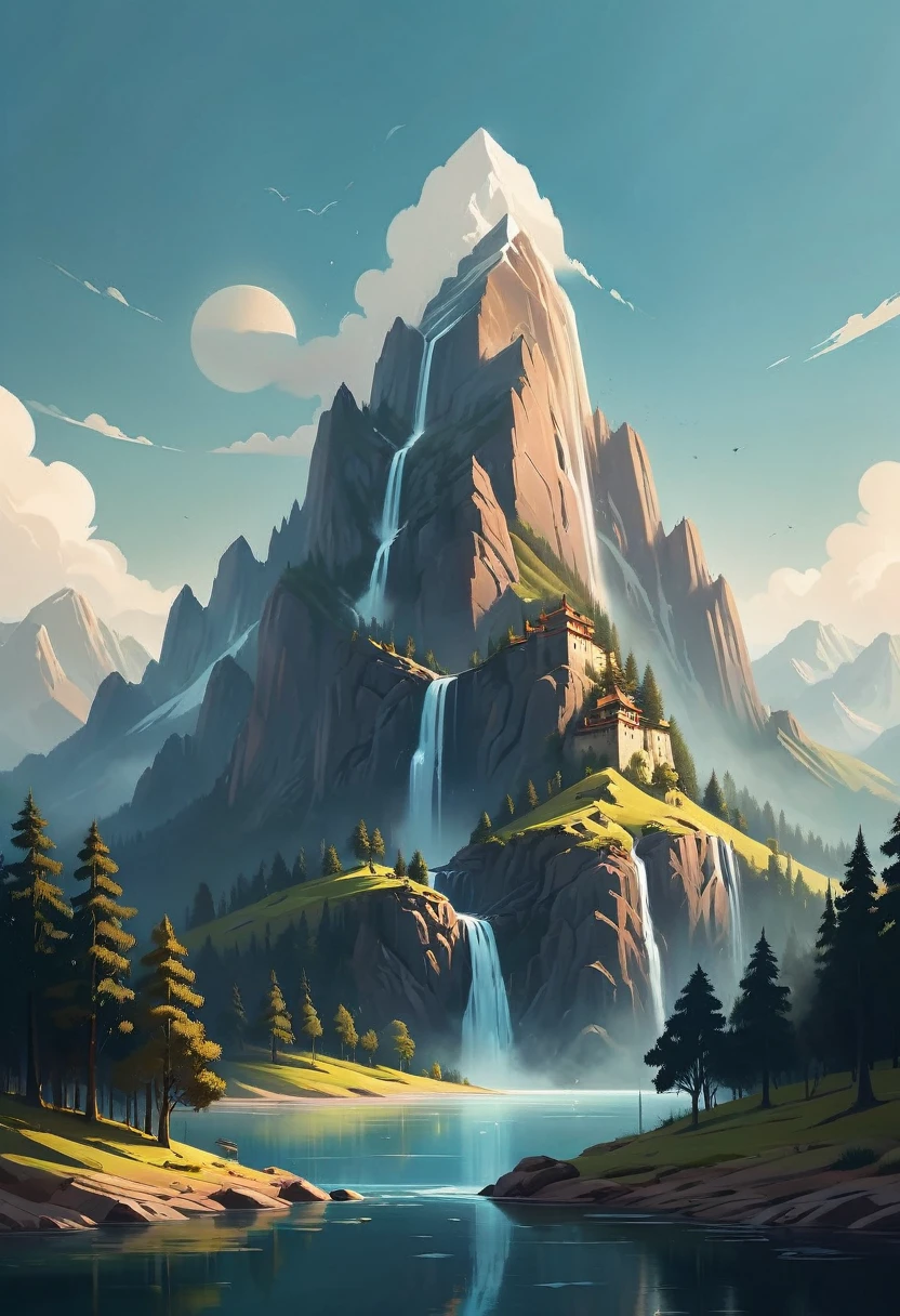 impressive painting of a mountain with trees and water, a detailed painting by Petros Afshar, shutterstock contest winner, environmental art, detailed painting, outlined art, 2d game art, isolated background for logo, strong contours, logo design
