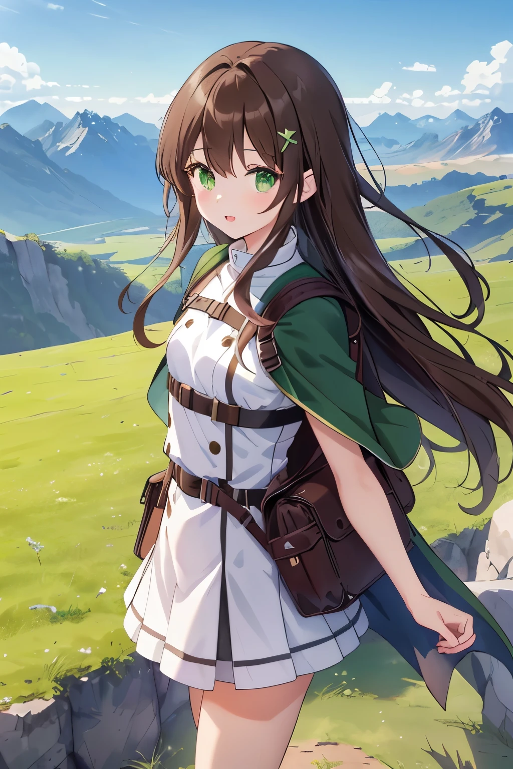 ((masterpiece, Highest quality, High resolution, 超High resolution, Pixel perfect, Written boundary depth, 4K, RTTX 10.0, High resolution))), 1 girl, single, alone, Beautiful Anime Girls, Beautiful art style, Anime characters, ((Shortcuts, bangs, Dark brown hair)), ((Green Eyes:1.4, Round eyes, Beautiful eyelashes, current eyes)), ((Smooth texture:0.75, Anime CG style)), ((Dynamic Angle, close)), Perfect body, (pretty girl), Normal chest, whole body, ((4K, 8k, Highest quality, Perfect Fingers: 1.3, Perfect Anatomy: 1.3, Background Blur)), whole bodyアングル, An adventurer girl standing in the middle of a vast green field, She wears a slightly worn leather outfit., Boots and a small cape fluttering in the wind, With a confident look, They have bright, curious eyes., Long hair tied back, A small backpack packed with adventure essentials, Mountains towering in the distance々Under the blue sky with a background of