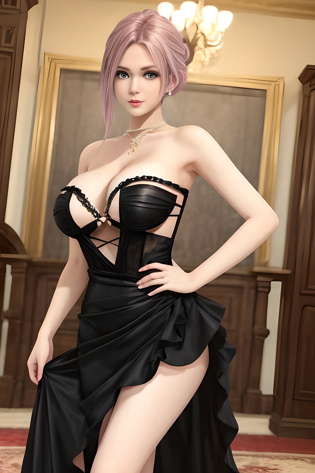 1girl is wearing an elegant black strapless dress. The perspective-dress is beautifully designed with ruching on the bodice and a cascading ruffled asymmetrical hem, adding a playful and chic touch to the outfit. The person is standing upright, with one hand gently touching their leg and the other hand relaxed by their side. The background is plain and neutral, drawing attention to the dress itself. The lighting is soft, highlighting the details of the dress and creating a fashionable and stylish atmosphere,, huge breasts, elise
