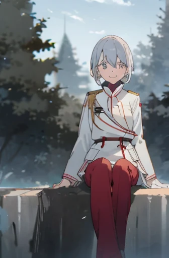 Red pants, white 1800 uniform, white hair, smiling face, red and white sash