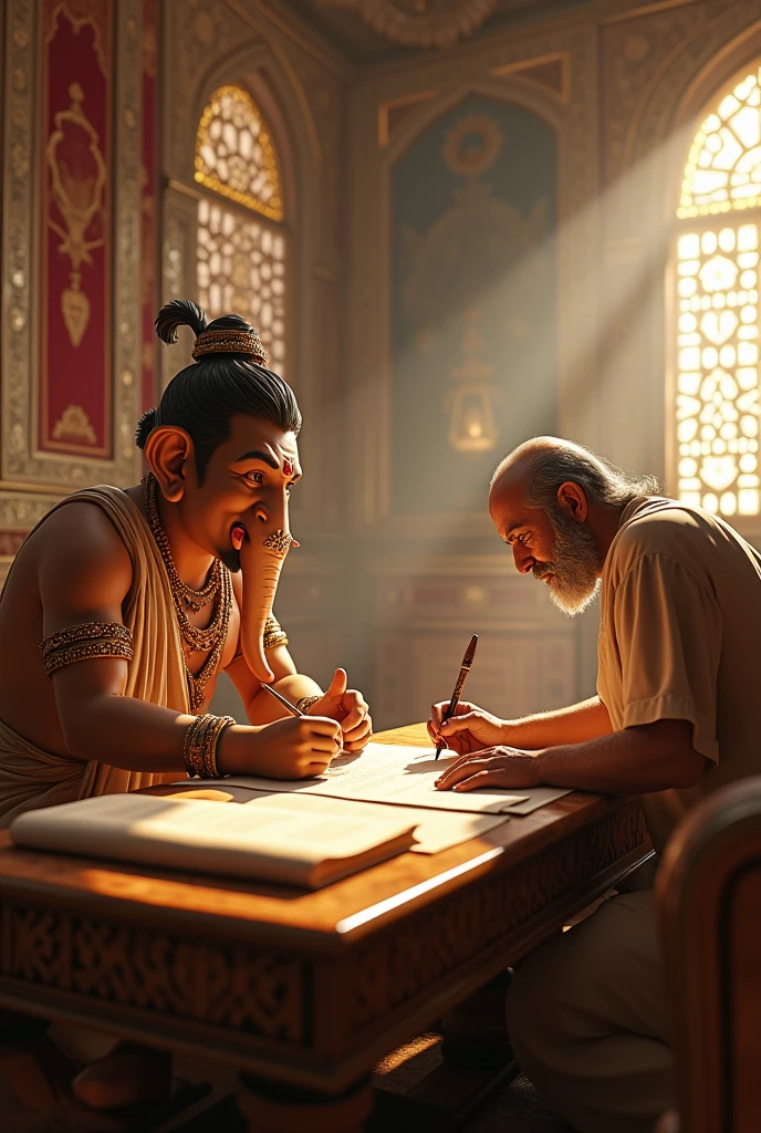 Generate a realistic 3D cinematic image in which lord Ganesh is writing Mahabharat with vedvyas