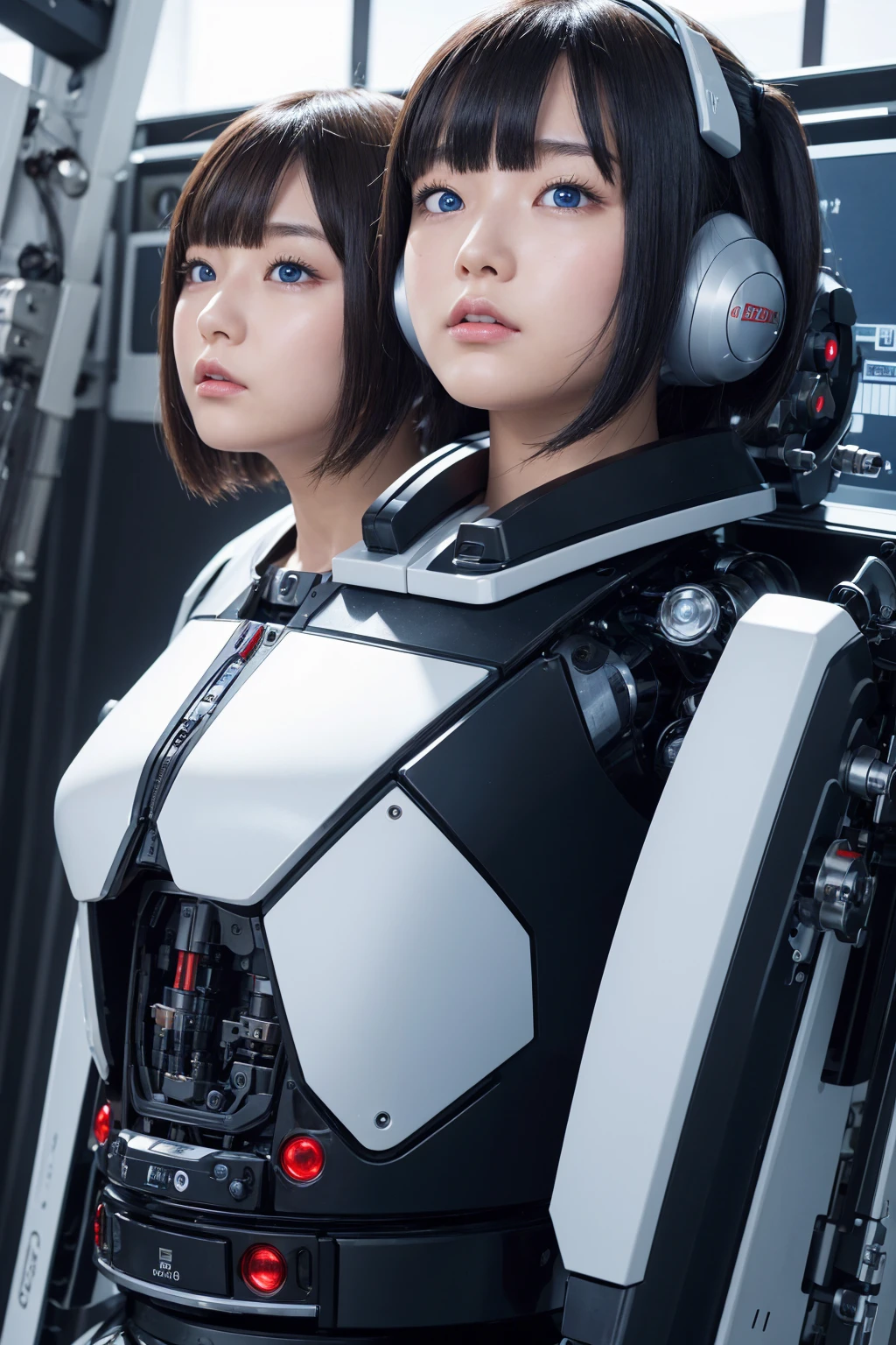 masterpiece, best quality, extremely detailed, Japaese android girl,portrait,Plump,a bit chubby,control panels,android,Droid,Mechanical Hand, Robot arms and legs, Black hair,Blunt bangs,perfect robot girl,long tube,thick cable connected her neck,android,robot,humanoid,cyborg,japanese cyborg girl ,robot-assembly plant,She is assembling now,assembly scene,blue eyes,chest monitor