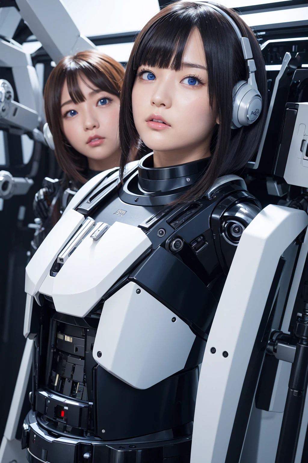 masterpiece, best quality, extremely detailed, Japaese android girl,portrait,Plump,a bit chubby,control panels,android,Droid,Mechanical Hand, Robot arms and legs, Black hair,Blunt bangs,perfect robot girl,long tube,thick cable connected her neck,android,robot,humanoid,cyborg,japanese cyborg girl ,robot-assembly plant,She is assembling now,assembly scene,blue eyes,chest monitor