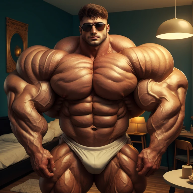 brutalmass, a very handsome young man, sunglasses, shirtless, exaggeratedly muscular body, exaggeratedly huge muscles, in an apartment