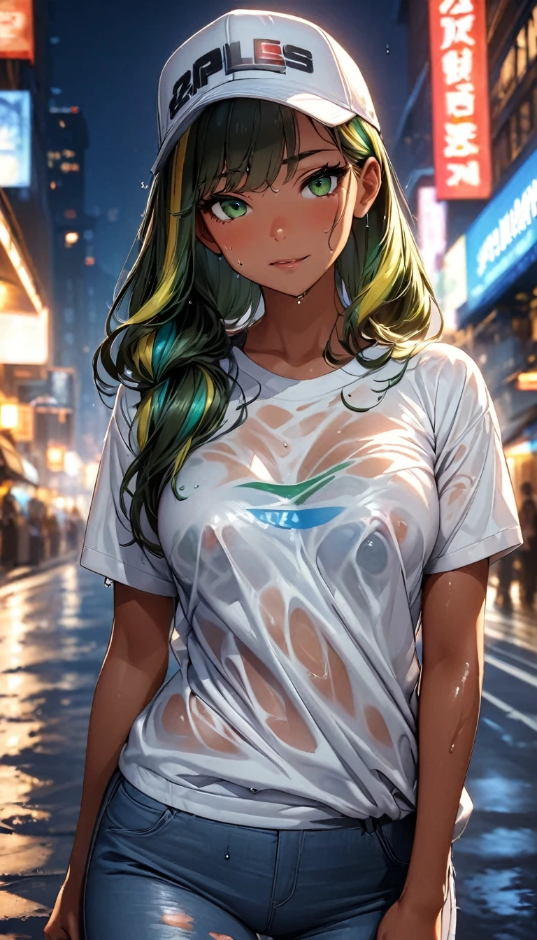 (highest quality:1.2, Very detailed, up to date, Vibrant, Ultra-high resolution, High Contrast, masterpiece:1.2, highest quality, Best aesthetics), Portraiture、girl、((25 years old:1.5)), (slim:1), 25-years-old, trucker cap:1, t-shirt, jeans, Bright colors、Beautiful fine details、Beautiful lip detail、long hair、low ponytail, white and yellow green ((streaked hair:1.6)), highlights hair: 1.5, (small breast,:1) (tan skin:1.1), (running:1), night city, (wet overflow, wet on hair, wet on body, wet on clothes), Heavy rain:1.5, cowboy shot, look at viewer