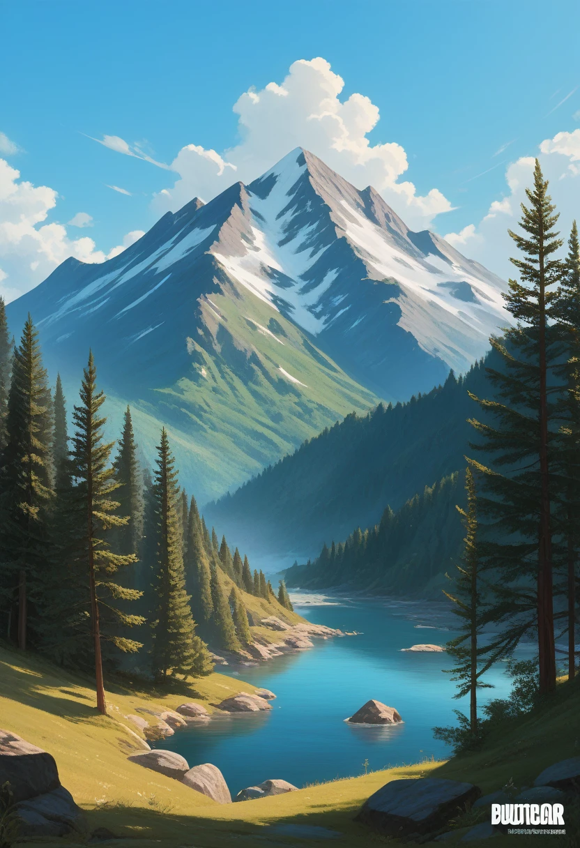 impressive painting of a mountain with trees and water, a detailed painting by Petros Afshar, shutterstock contest winner, environmental art, detailed painting, outlined art, 2d game art, isolated background for logo, strong contours, logo design