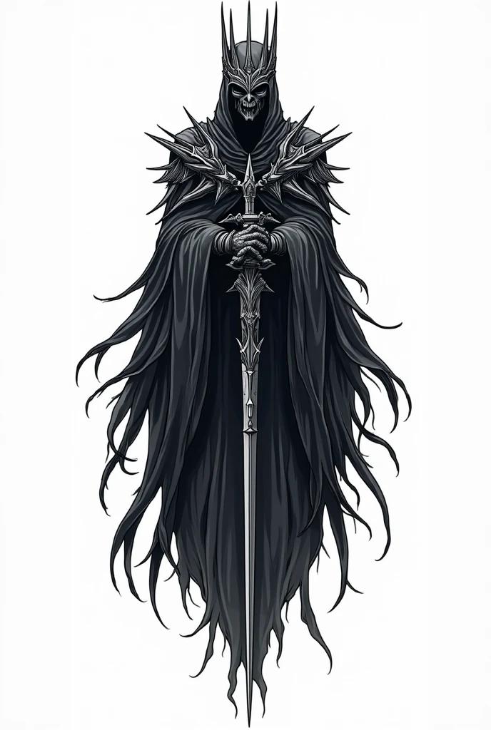 Drawing line art design for sticker of: The king of angmar from lord of the rings, hovering Reaper, scyscraper, kings crown, white background,