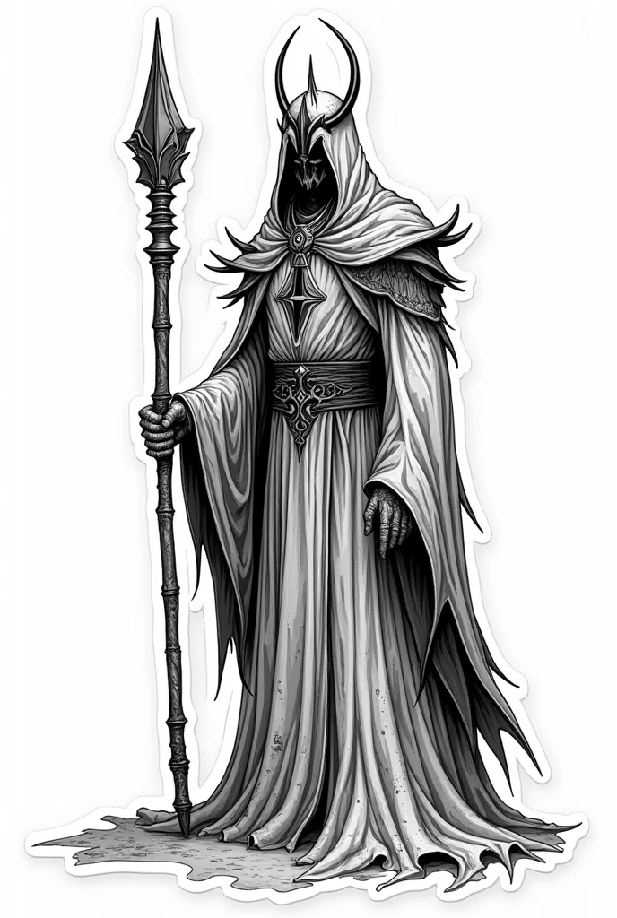 Drawing line art design for sticker of: The king of angmar from lord of the rings, hovering Reaper, scyscraper, kings crown, white background,