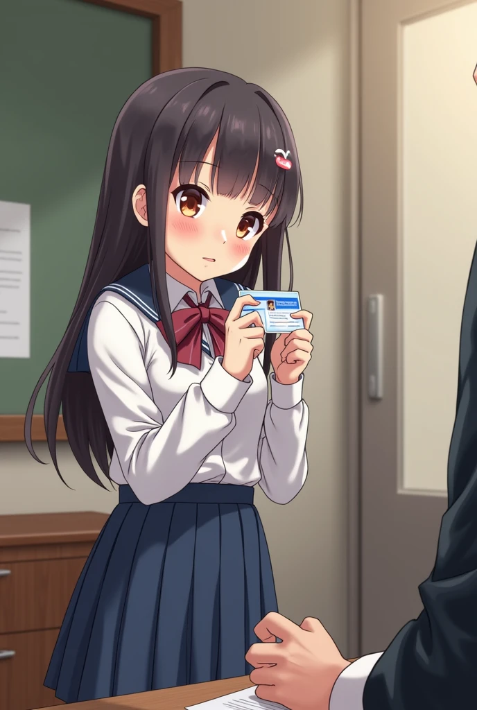 A high school girl is blunt bangs and small skinny body and blush crying and who came for a job interview is holding her hand on the desk and presenting her student ID card. The fat and naughty-faced boss is looking at her skirt from her behind.