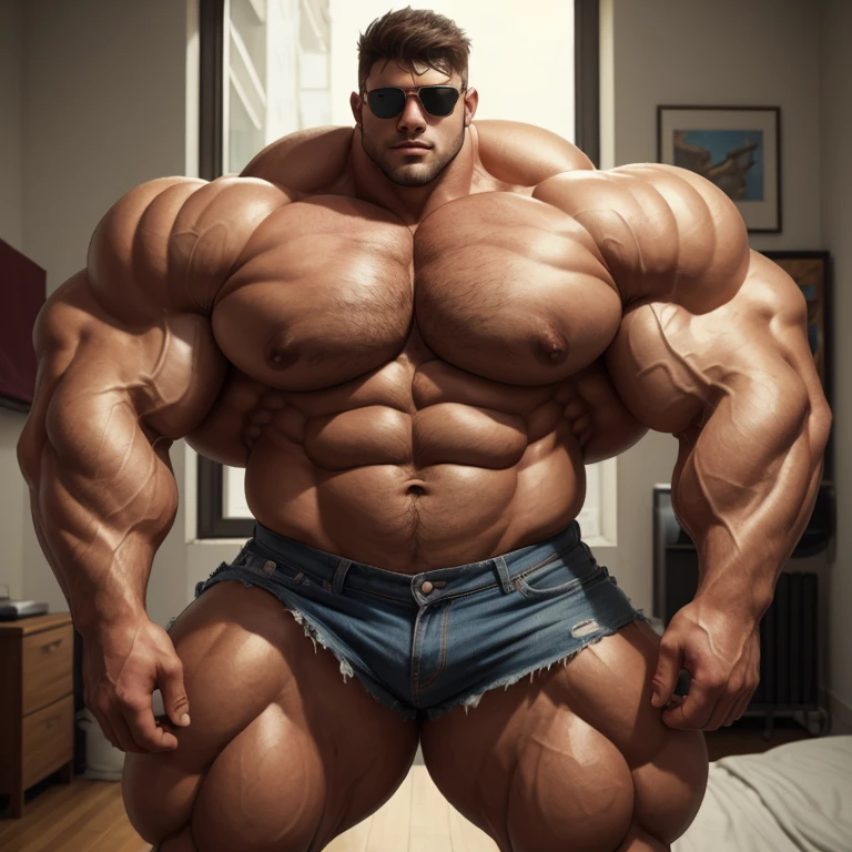 brutalmass, a very handsome young man, sunglasses, shirtless, exaggeratedly muscular body, exaggeratedly huge muscles, in an apartment