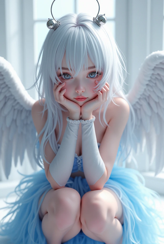 nswf, (1girl, solo:1.3), ultra realistic, photorealistic, sexy Angel, nimb over the head, wings halo of a saint, long white hair, silver eyes, big boobs, squat, full body view, full gwowth, blue fluffy dress, perfect face, detailed face, detailed eyes, white shoes, (white room backgroud), masterpiece, lewd body, hentai body, ultra sexy body, ultra erotic, sexy, erotic, lewd, cute face, hd, hdr, best quality, lots of details, ultra sharp, ultra detailed, colorful, mesmerizing eyes, captivating smile, perfect proportions, radiant complexion, alluring gaze, feminine charm, timeless beauty, highly detailed, sharp focus, soft lighting, dreamy atmosphere, rich color palette, complementary colors, 8k resolution, octane render, ray tracing, HDR, photorealistic, masterpiece, award-winning, trending on Artstation, global illumination, hyper-detailed skin texture, enchanting, mesmerizing, unforgettable, (masterpiece), (best quality), (ultra-detailed), very aesthetic, illustration, disheveled hair, perfect composition, moist skin, intricate details, concept art, digital artwork, illustrative, painterly, matte painting, highly detailed