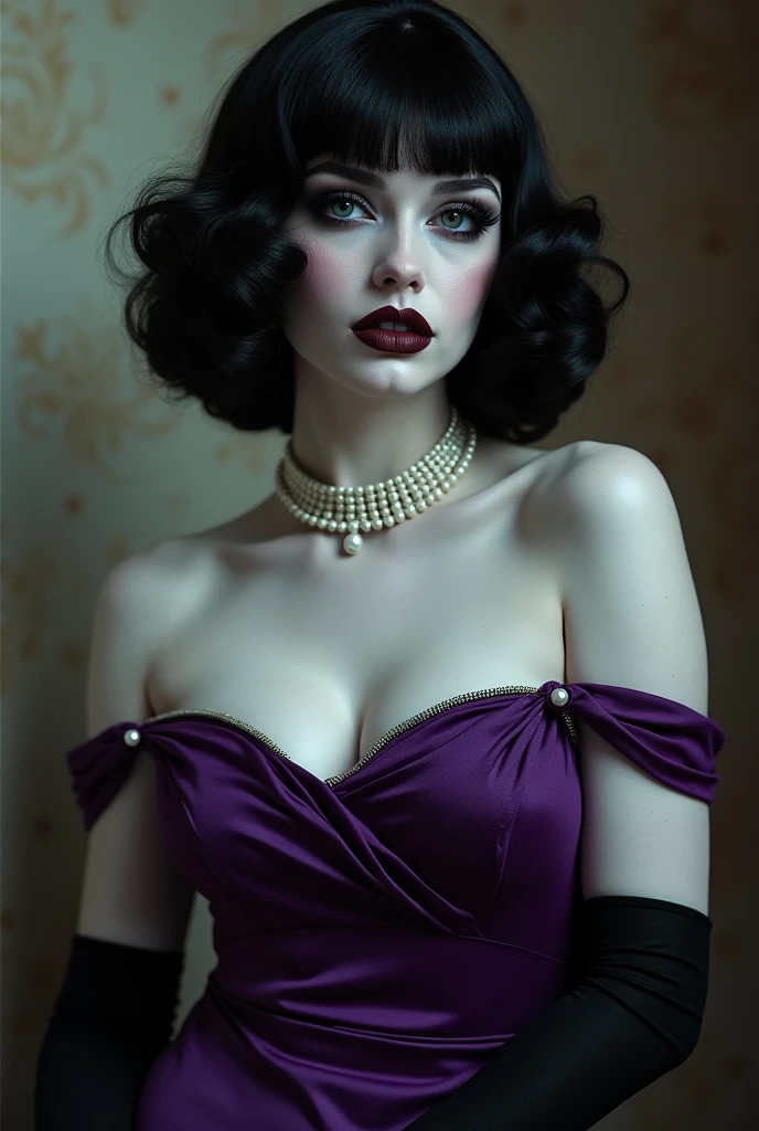 an adult woman with a curvaceous build, she has a pale complexion accompanied by a long diamond-shaped jawline, painted black lips and eyes consisting of dark sclerae with glowing white pupils. Additionally, her hair is styled reminiscent of the 1960s, with a black curly vintage bob cut.

Linda dons an off-shoulder purple knee-high dress, a pearl beaded necklace to compliment her thin neck, and black opera gloves that extend to her elbow