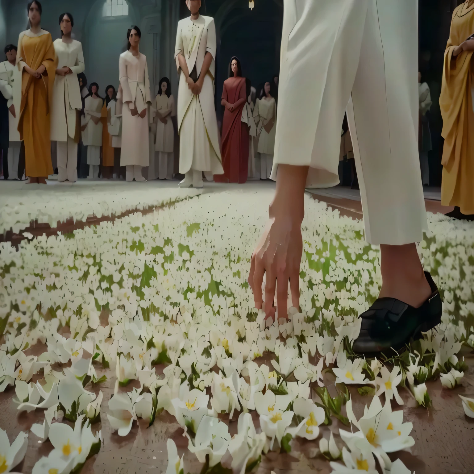 there is a person standing on a flower covered ground, beautiful cinematography, stunning cinematography, still from the film, white flowers on the floor, film still from the movie, still from a terence malik film, scene from the film, visually stunning scene, detailed cinematic shot, an film still, movie filmstill, still from the movie, roger deakins cinematography