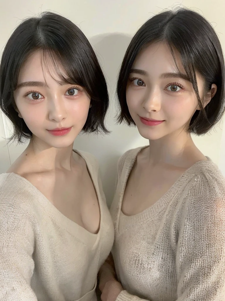 (masterpiece:1.3), (8k, Photoreal, Raw photo, best image quality: 1.4), Japanese high school girl、(random hairstyle:1.2)、cleavage:1.5、super detail face、eye for details、double eyelid、chest to chest、sharp focus:1.2、Beautiful woman:1.4、light brown hair、highest quality、masterpiece、超A high resolution、(Photoreal:1.4)、Highly detailed and professionally lit smiles、loose and light knitwear、shoulder out、thin、serious expression、short haired、deadly position
similar identical twins
All the girls have the exact same face, The two have the same face and figure, as if they were mirror images.