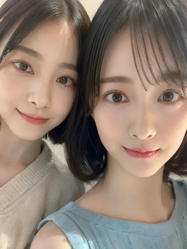 (masterpiece:1.3), (8k, Photoreal, Raw photo, best image quality: 1.4), Japanese high school girl、(random hairstyle:1.2)、cleavage:1.5、super detail face、eye for details、double eyelid、chest to chest、sharp focus:1.2、Beautiful woman:1.4、light brown hair、highest quality、masterpiece、超A high resolution、(Photoreal:1.4)、Highly detailed and professionally lit smiles、loose and light knitwear、shoulder out、thin、serious expression、short haired、deadly position
similar identical twins
All the girls have the exact same face, The two have the same face and figure, as if they were mirror images.