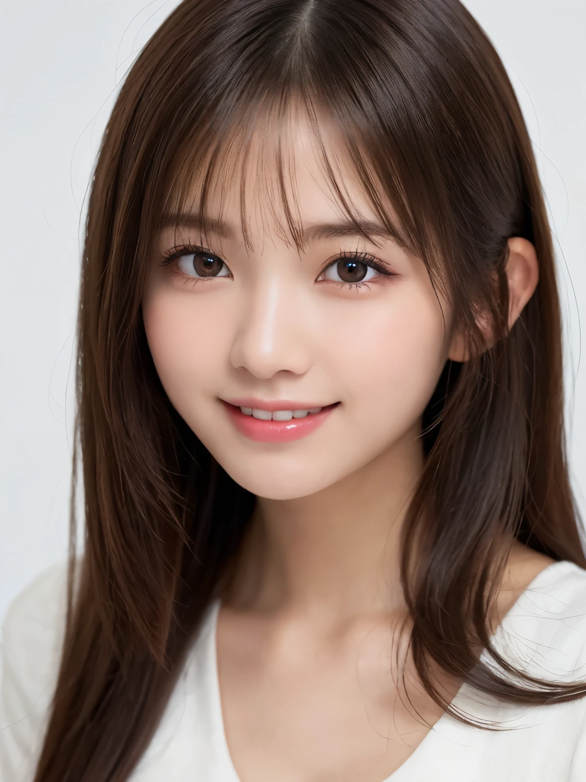 white background, half body portrait, bust shot, looks happy, smile, one girl, (a beauty girl, delicate girl:1.3), (20 years old:1.3), break, (dress up as Japanese high school student), break, very fine eyes, (symmetrical eyes:1.3), break, C cup breasts, brown eyes, parted bangs, brown hair, (smile), break, (eyes and faces with detailed:1.0), break, (masterpiece, best quality, ultra detailed, detailed face, 8k)