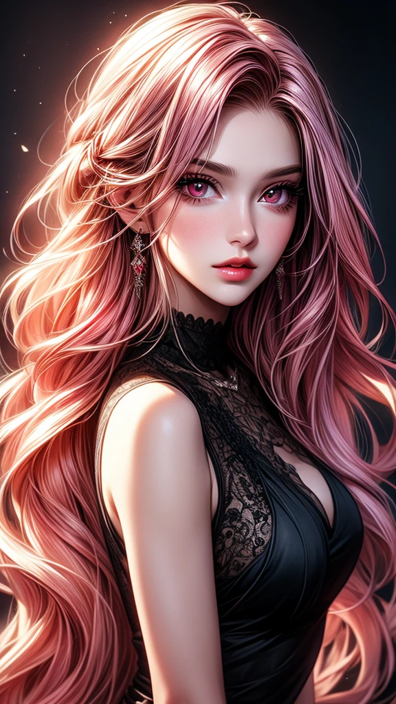 A seductive girl, beautiful detailed eyes,beautiful detailed lips, pink hair, very long hair, Ruby red eyes, off-soldiers, beautiful dress, extremely detailed eyes and face,long eyelashes, illustration, ultra-detailed, best quality, 4k, 8k, highres, masterpiece:1.2,ultra-fine painting,sharp focus,professional,vivid colors,portraits, parted lips, morden setting, tank top.