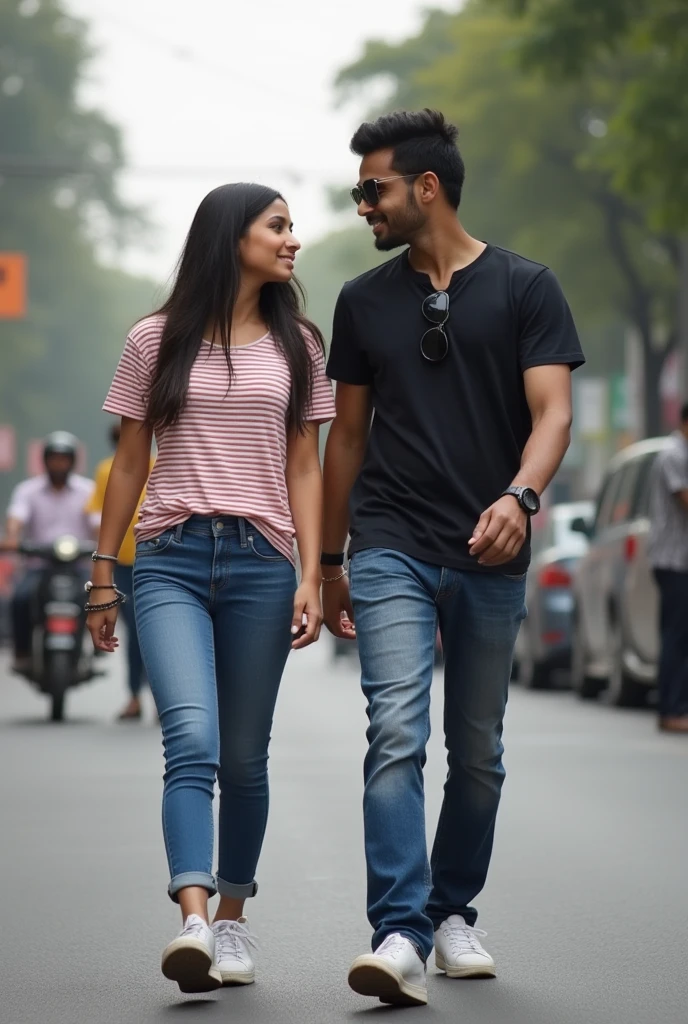 A boy age 27 south India from andhrapradesh wear jeans and t-shirt dusky skin and there was a girl age 25 north India from mumbai looks very modern she wears western dress looks very beautiful and active. Both them are walking on Mumbai streets.