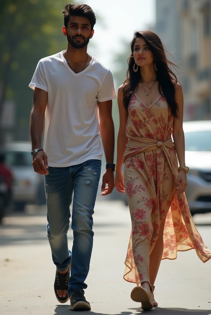 A boy age 27 south India from andhrapradesh wear jeans and t-shirt dusky skin and there was a girl age 25 north India from mumbai looks very modern she wears western dress looks very beautiful and active. Both them are walking on Mumbai streets.