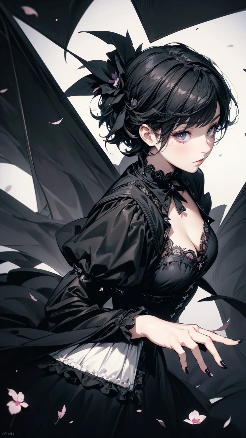 Top view, Woman with asymmetrical short hair, Gothic ta Fashion, A dynamic pose, Collage with black petals, Anime Style, Simple lines, Digital Painting, (masterpiece, High resolution, Highest quality)