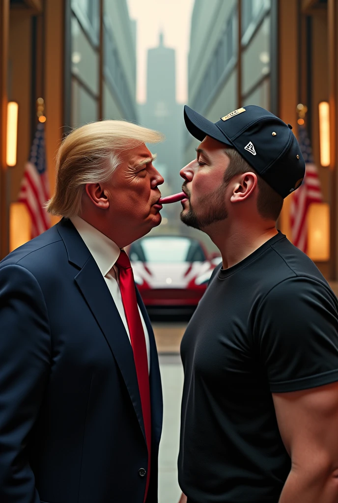 A dramatic moment where former President Donald Trump and entrepreneur Elon Musk are engaged in passionate kiss with tongue. The background is a blend of the iconic Trump Tower lobby, adorned with gold accents and the American flag, and the futuristic SpaceX launchpad, symbolizing the fusion of their distinct worlds. Donald Trump, dressed in his signature navy suit and red tie, has a surprised yet delighted expression on his face as he leans in, his cheek puckered and eyes closed. Elon Musk, on the other hand, wears his customary black t-shirt and SpaceX hat, a hint of amusement in his eyes as he tilts his head to reciprocate the gesture. The contrast in their attire and surroundings underscores the unlikely alliance. The scene is illuminated by the soft glow of the setting sun, casting long shadows that stretch towards the gleaming Tesla Roadster at the center of the frame. The photo captures the surreal essence of their intimate and loving relationship.