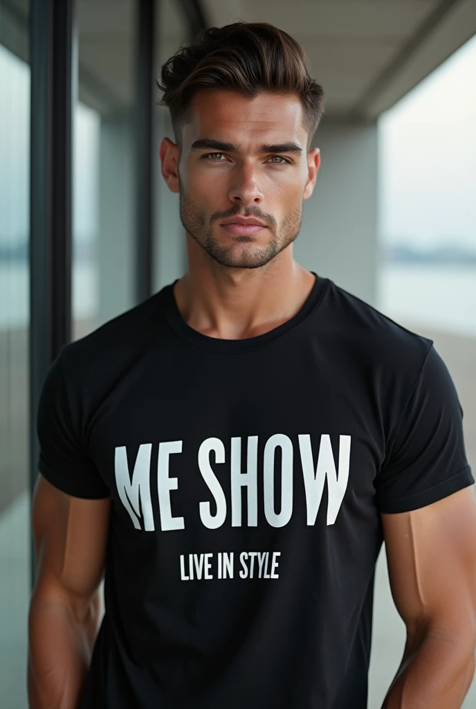 Beautiful man
wereing t-shirt of my brand ME SHOW tag line live in style , include logo of my brand