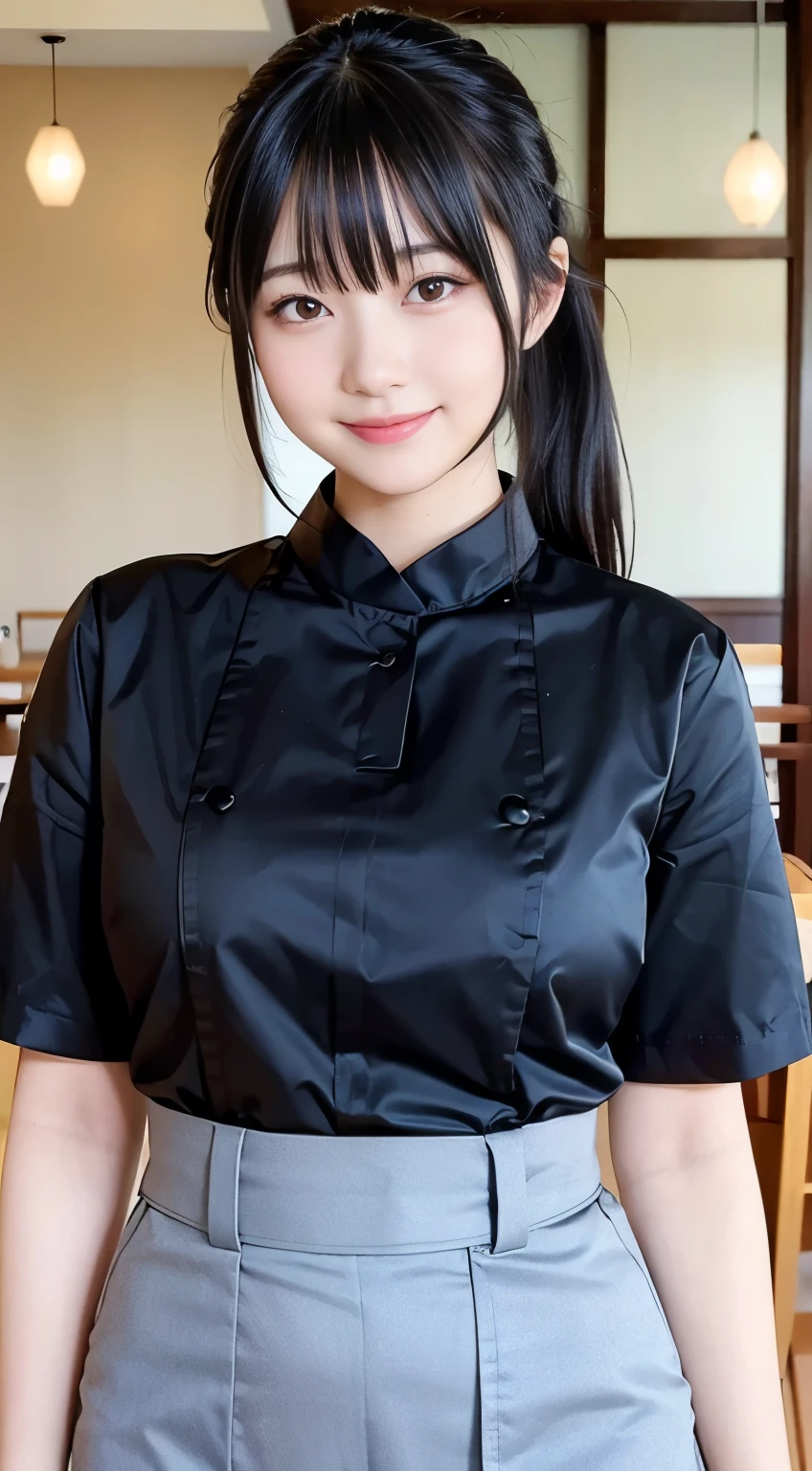 (Highest quality,masterpiece:1.3,Ultra-high resolution,),(Very detailed,Caustics),(Realistic:1.4,RAW shooting,)Ultra-Realistic Capture,Very detailed,High resolution 16K human skin closeup。 Natural skin texture、,pores、、、、It must be detailed enough to be easily identifiable。 Skin tone is even and healthy looking。 Use natural light and colour,restaurant,Waitress Uniform,1 girl,Japanese,18-year-old,cute,Black-haired,ponytail,Big Breasts,smile,Turn your body forward,(Front view:1.1),Looking into the camera,Cowboy Shot,