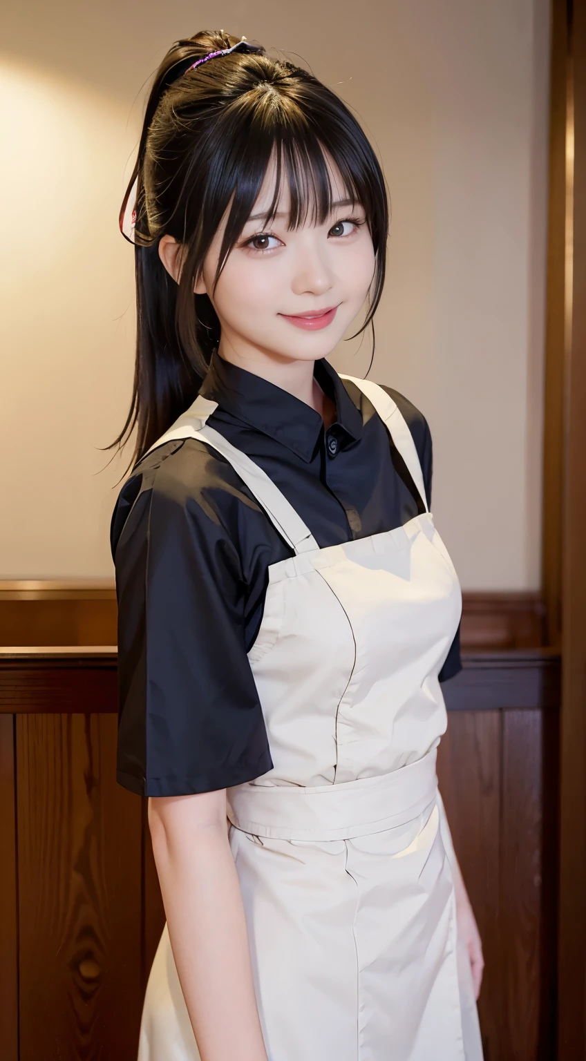 (Highest quality,masterpiece:1.3,Ultra-high resolution,),(Very detailed,Caustics),(Realistic:1.4,RAW shooting,)Ultra-Realistic Capture,Very detailed,High resolution 16K human skin closeup。 Natural skin texture、,pores、、、、It must be detailed enough to be easily identifiable。 Skin tone is even and healthy looking。 Use natural light and colour,restaurant,Waitress Uniform,1 girl,Japanese,18-year-old,cute,Black-haired,ponytail,Big Breasts,smile,Turn your body forward,(Front view:1.1),Looking into the camera,Cowboy Shot,