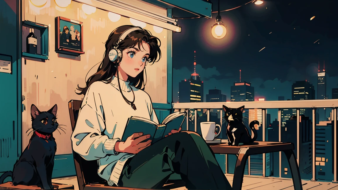 Highest quality, 8k, 1990s style,Hairstyles of the 2010s, 21 year old girl, Black Hair, Long Hair, Light brown eyes, City Pop, pants ,Night view, Wear headphones,Reading a book, whole body, Relax Coffee,table,making,look at me, Black cat