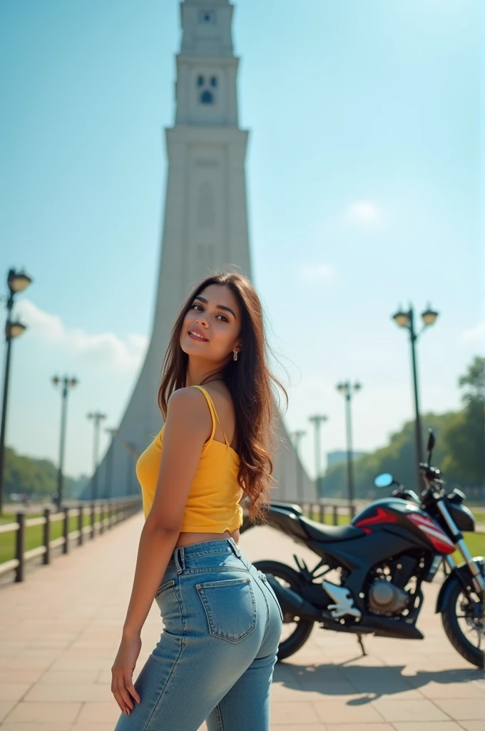 14 August ki photo girl background Lahore minar-e-pakistan and bike khadi ho Piche name Kiran