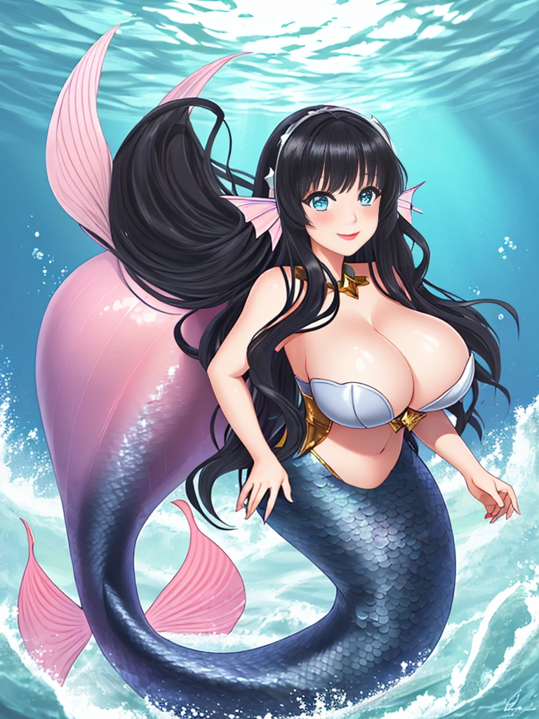 1girl, dark girl, mermaid, long hair, black hair, blue eyes, red lips, pink eyeshadow, smile, blush, happy face, full body, large breasts, mature female, underwater, yellow mermaid tail, (gigantic bust:1.4),