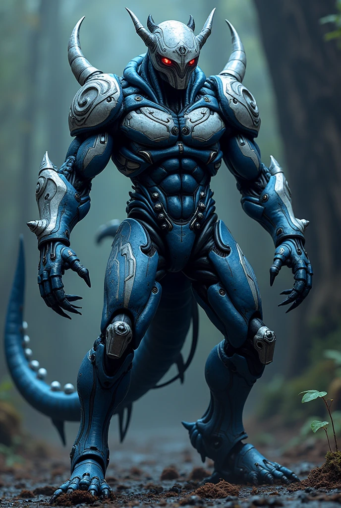 Horrifying creature
Ominous fiend
biological design
terrifying design
ominous design
Overall Silhouette: The body type is muscular yet slim, typical of Kamen Rider designs. The design emphasizes mobility while conveying a sense of strength, with flowing lines that highlight the body’s movement, balancing agility and power.
Main Colors: The primary colors are black, white, and blue, which are cleverly arranged. Blue serves as the base color, with white and black as accents. These colors follow the body’s contours, with blue lines particularly on the chest, arms, and legs, and white details on the helmet and belt.
Helmet: The helmet is the iconic part of the Kamen Rider look, complex yet instilling a sense of heroic dignity. It features a black base with sharp blue compound eyes. The head has white lines flowing down the center, incorporating futuristic mechanical elements throughout the design.
Armor: Armor pieces cover the chest, shoulders, arms, and legs. The chest armor features a signature "V" shape, characteristic of Kamen Rider, with blue and white lines radiating outward. The armor's surface has intricate mechanical patterns, yet it remains smooth overall, exuding strength.
Umanize Driver:
Design: The Umanize Driver stands out as a unique transformation belt in the Kamen Rider series. It features a purple and white color palette, with a large circular slot in the center where the Golbo is inserted. The belt itself is black with purple and white mechanical details running along it, lighting up when worn.
Golbo: The circular transformation item, "Golbo," plays a key role in Kamen Rider transformations. It has a glossy black and purple finish, with a glowing blue center. When set into the Umanize Driver, the entire belt illuminates, initiating the transformation into Kamen Naizer Uma.
Additional Elements:
Finishing Move: The Umanize Driver's finishing move is executed by setting the Golbo into the belt, charging energy, and then releasing it. Blue en