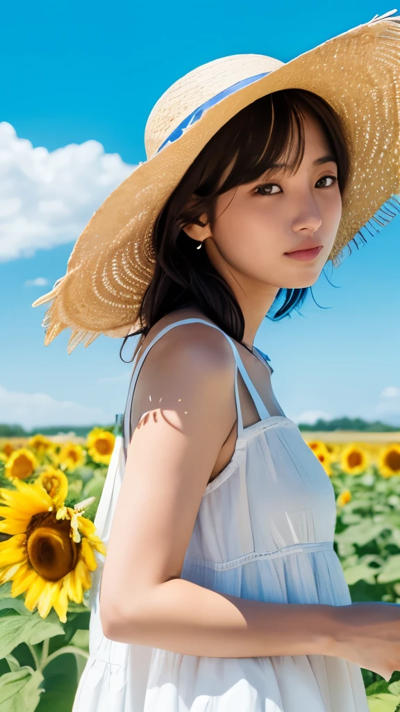 sunflower sunflower畑 White dress Straw hat youth summer Emotional blue sky