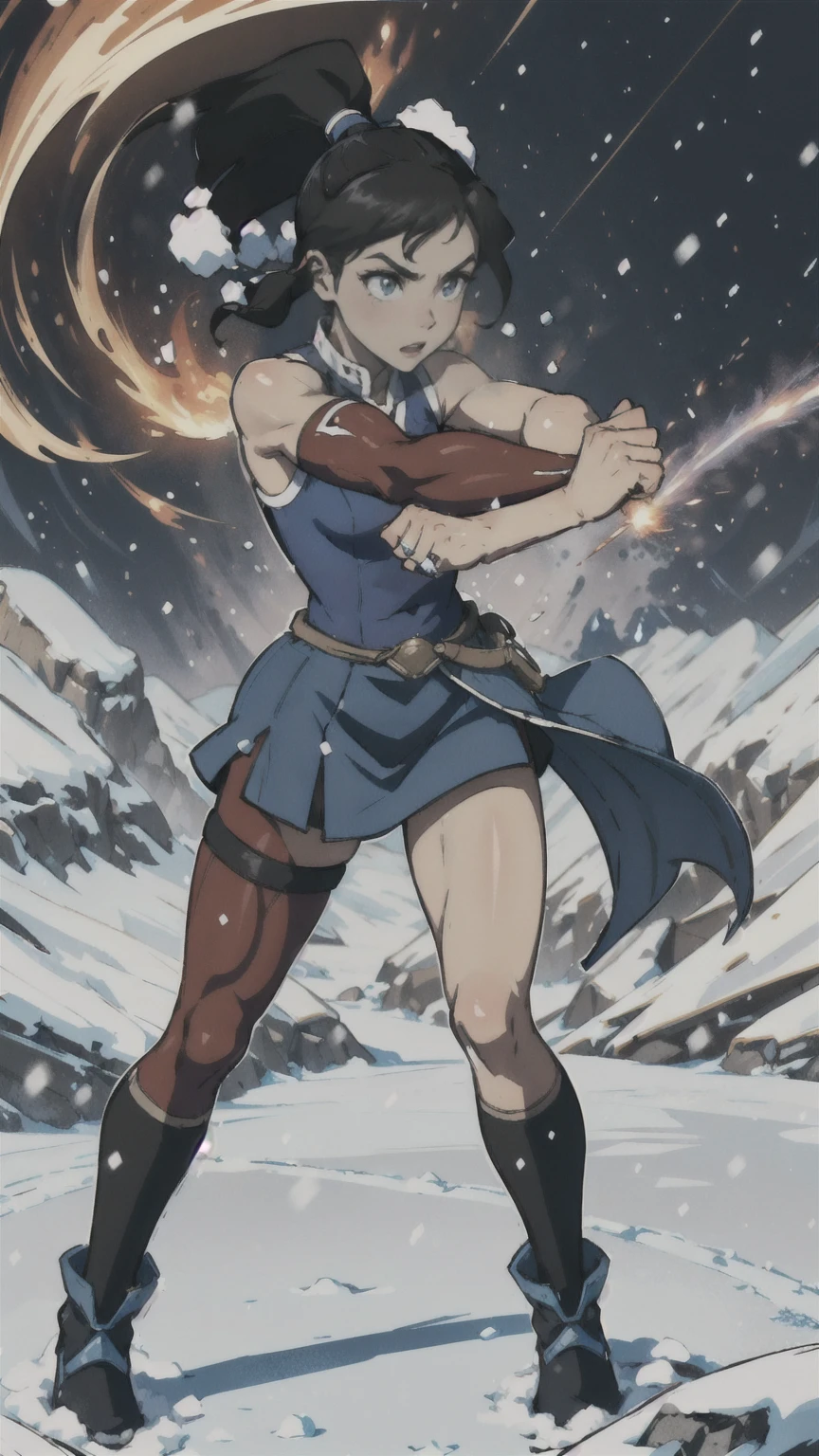 (Whole body:1.4), promotional art, masterpiece, 1girl, solo, lean muscle girl, standing straght, fighting ready pose, closed fists, korra, dark skin, dark-skinned female, ponytail, hair tubes, short hair, sleeveless, bare shoulders, (one thigh showing:1.3), vast snow field, surrounded by mystical ring of fire, night, dramatic lighting strikes, 
