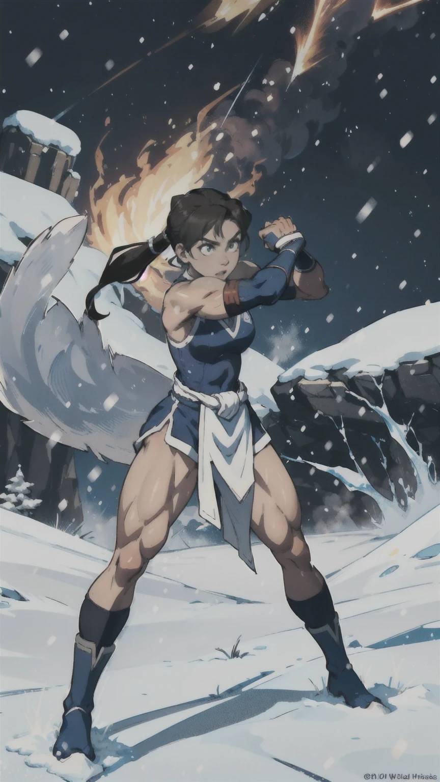 (Whole body:1.4), promotional art, masterpiece, 1girl, solo, lean muscle girl, standing straght, fighting ready pose, closed fists, korra, dark skin, dark-skinned female, ponytail, hair tubes, short hair, sleeveless, bare shoulders, (one thigh showing:1.3), vast snow field, surrounded by mystical ring of fire, night, dramatic lighting strikes, 
