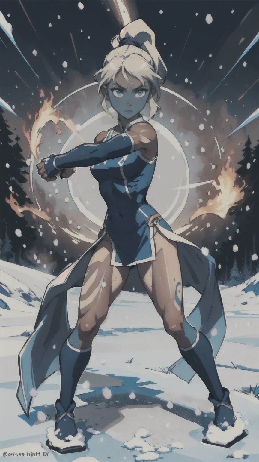 (Whole body:1.4), promotional art, masterpiece, 1girl, solo, lean muscle girl, standing straght, fighting ready pose, closed fists, korra, dark skin, dark-skinned female, ponytail, hair tubes, short hair, sleeveless, bare shoulders, (one thigh showing:1.3), vast snow field, surrounded by mystical ring of fire, night, dramatic lighting strikes, 
