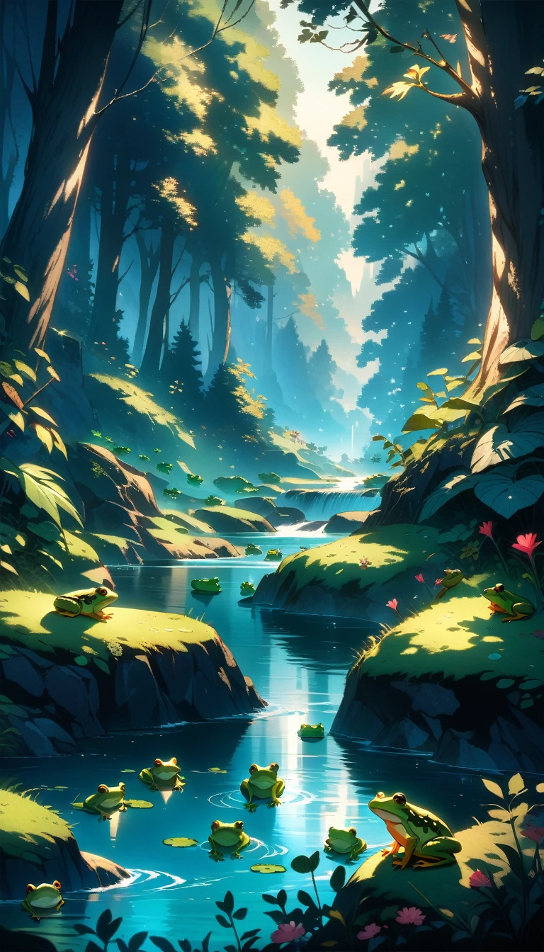 (((many frogs))), beautiful forest, beautiful river, ((32k)), ((best quality)), ((ultra high res)), ((HDR)), ((UHD)), ((extremely detailed CG)), ((unity 32k wallpaper)), ((perfect anatomy)), (((anime colored))), 