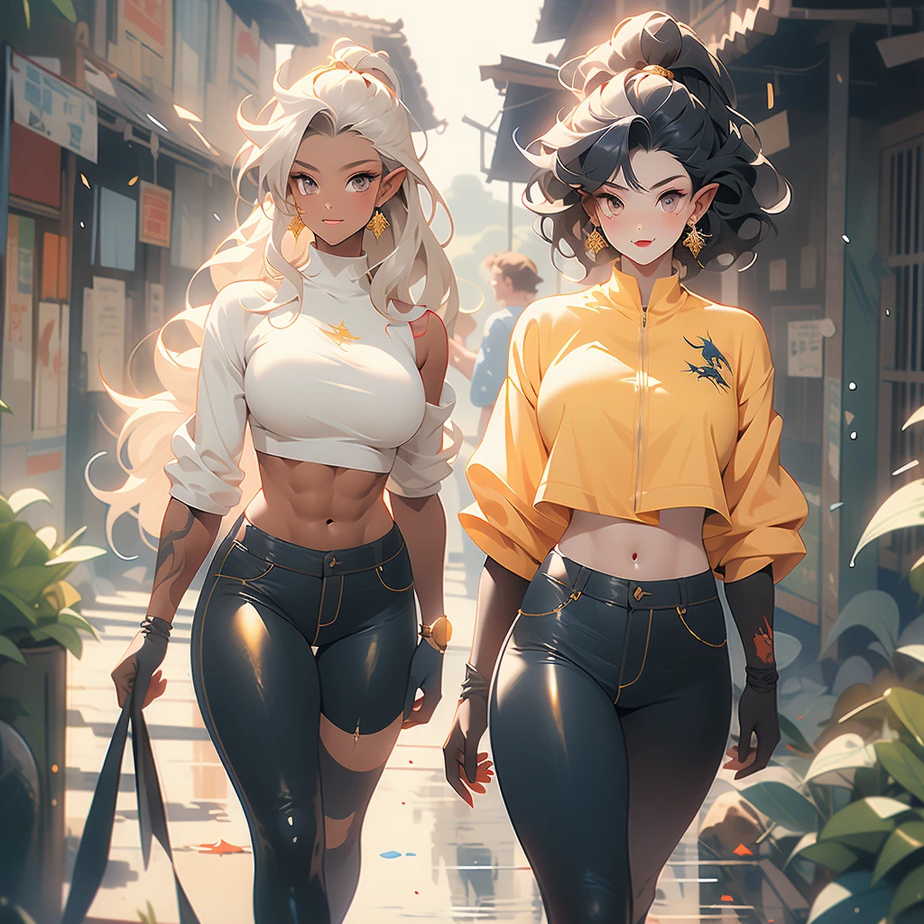 ((best quality)), ((masterpiece)), (detailed), 1 women pornstar elf-draconical heavy warrior, 8k_wallpaper, extremely detailed eyes, (large masterpiece digital art), (intricate details:1.3 ), (ultra-detailed:1.3), (sharp focus:1.3), (natural lighting:1.05), (vivid colors:1.3), (best quality:1.4), high quality, expressive eyes, full body, detailed face, beautiful face, perfect face, ((hair sandy white curls)), ((dragon dark horns)), (gold eyes), {{dark skin}}, ({dark skinned female}), big breasts, huge chest, powerful relief muscles of the abdomen and legs, powerful strong muscles of the arms, abdominal piercings, cruel predatory and cold-blooded arrogant look, a predatory smile with many fangs, open kimono of yellow and blue silk, white croptop with transparent wet cloth, under the clothes the clear outlines of large pointed nipples with piercings in the form of crosses appear, torn leather pants, the outlines of a wet vagina are clearly visible, steel gloves, wet, dirty, covered in blood, walking along the road between the houses of a destroyed village, dark cruel fantasy style,